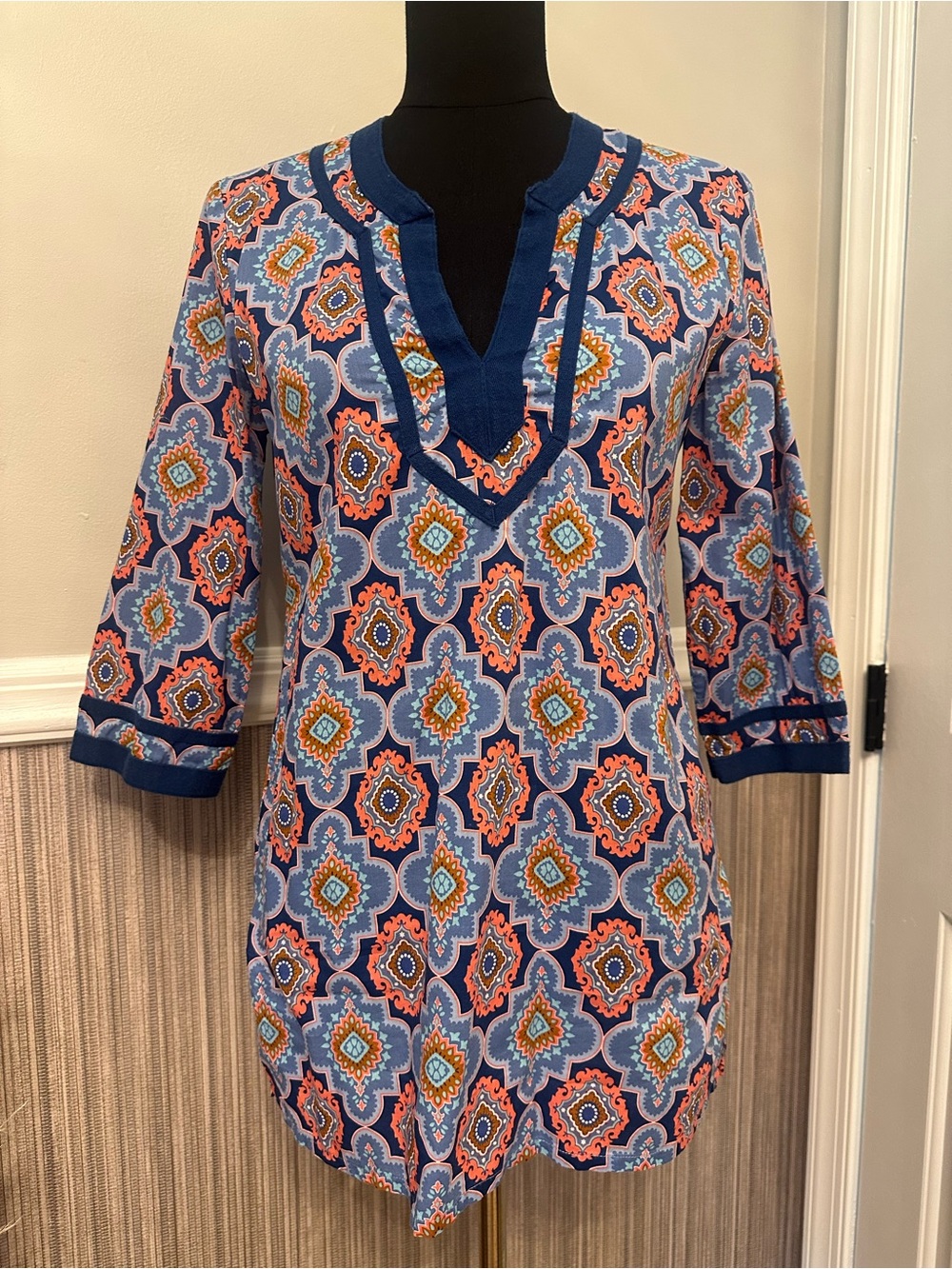 J.Crew XS Cotton Tunic Top Blue Coral Medallion Print 3/4 Sleeve Boho